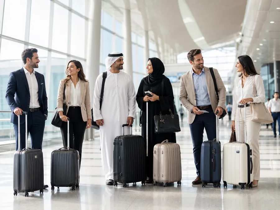 Group of travelers with luggage in an airport terminal for group flight booking in UAE
